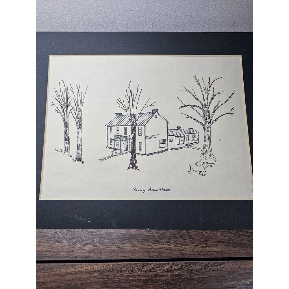 Vintage Minnie Young 1978 Young Home Place Ink Drawing Matted Art 12x9